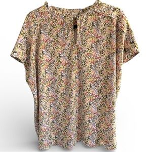 LOFT Cream Floral Keyhole Short Sleeve Blouse
